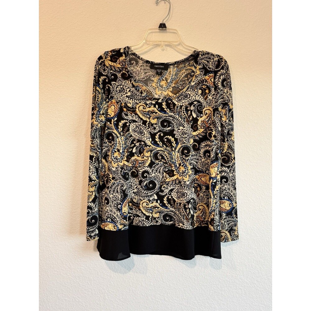 Karen Kane Women's Black Paisley Long Sleeve Blouse Round Neck Pullover Small
